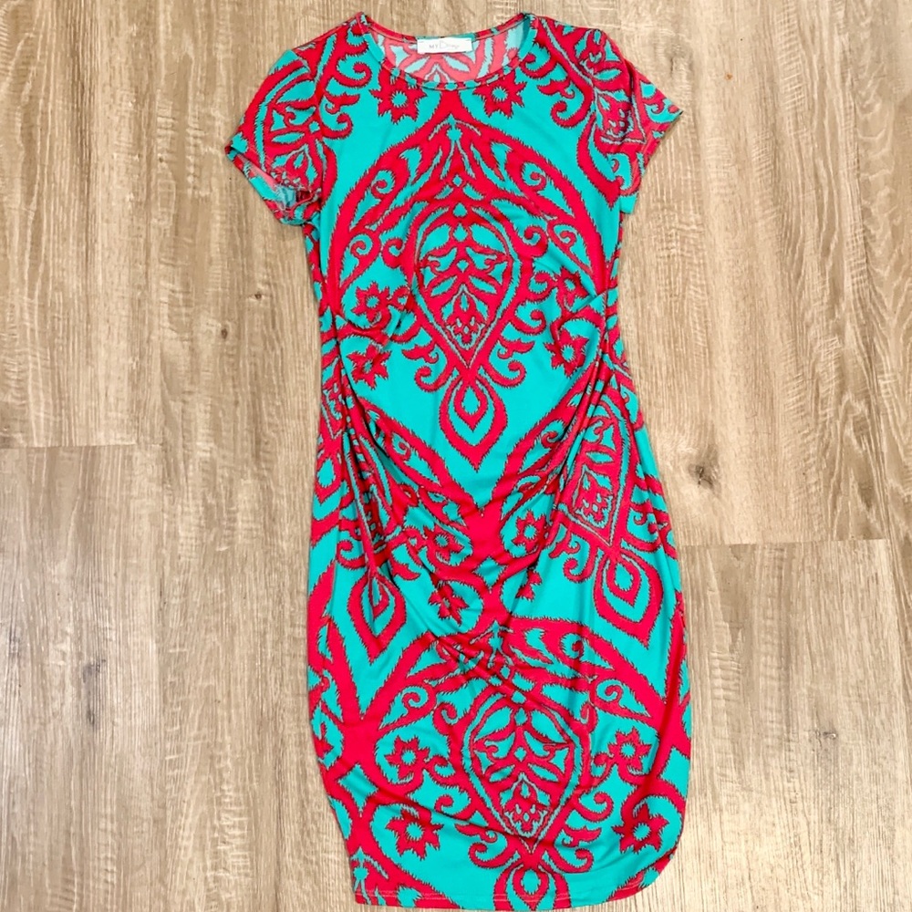 Maternity teal and pink dress